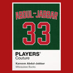 Kareem Abdul-Jabbar 33 Bucks Jersey Frame Men's T-Shirt – red close-up detail shot of the Kareem Abdul-Jabbar 33 Bucks