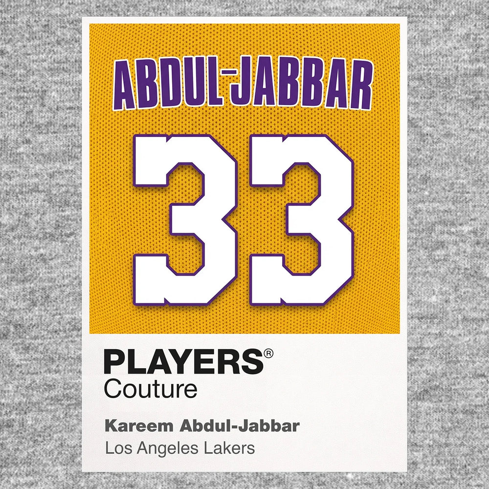Kareem Abdul-Jabbar 33 Lakers Jersey Frame Men's T-Shirt – grey close-up detail shot of the Kareem Abdul-Jabbar 33 Lakers