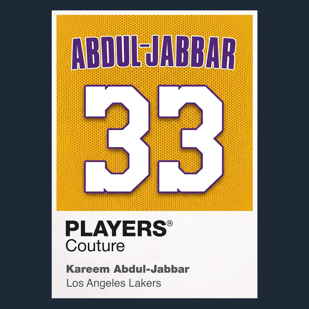Kareem Abdul-Jabbar 33 Lakers Jersey Frame Men's T-Shirt – navy close-up detail shot of the Kareem Abdul-Jabbar 33 Lakers