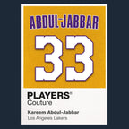 Kareem Abdul-Jabbar 33 Lakers Jersey Frame Men's T-Shirt – navy close-up detail shot of the Kareem Abdul-Jabbar 33 Lakers