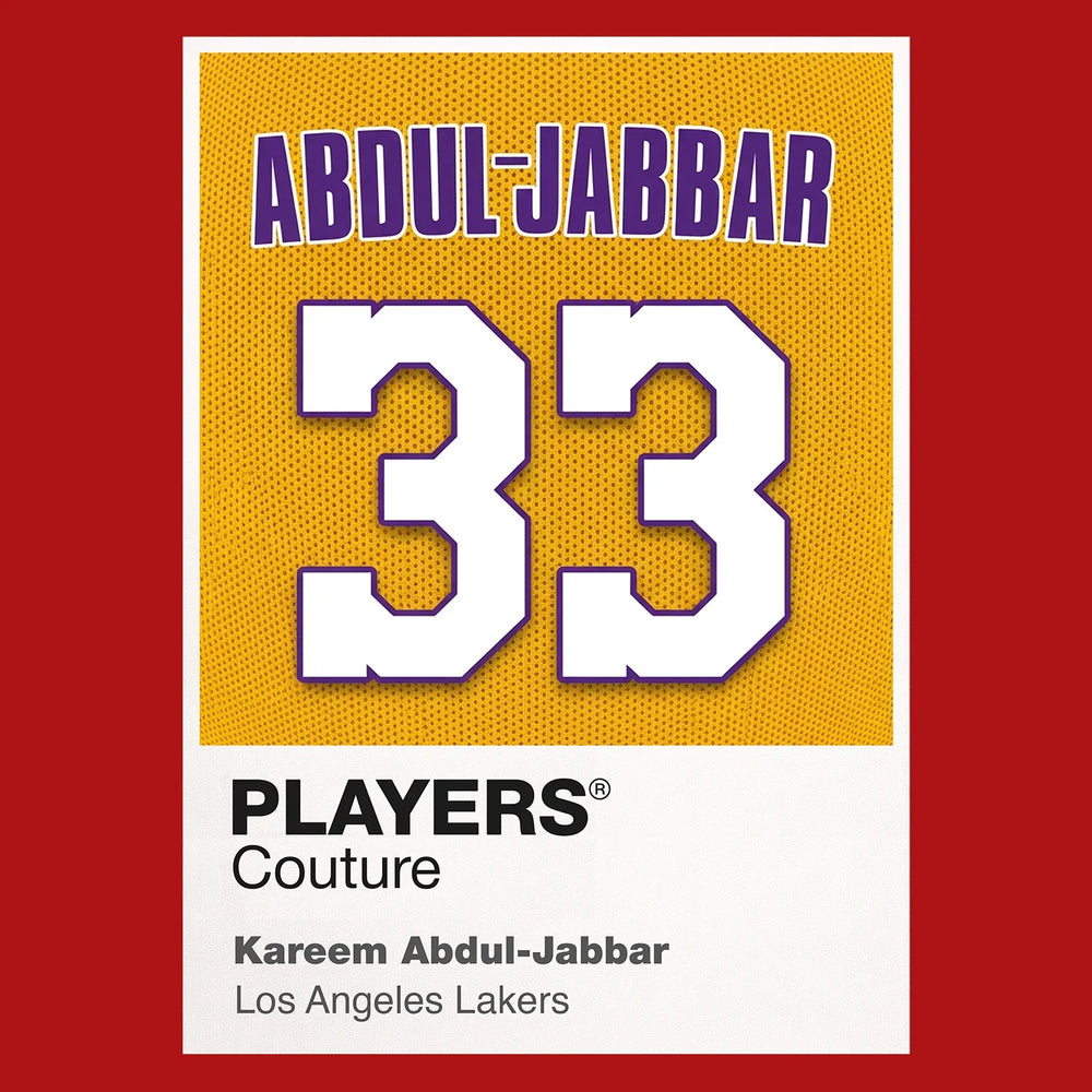 Kareem Abdul-Jabbar 33 Lakers Jersey Frame Men's T-Shirt – red close-up detail shot of the Kareem Abdul-Jabbar 33 Lakers