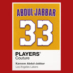 Kareem Abdul-Jabbar 33 Lakers Jersey Frame Men's T-Shirt – red close-up detail shot of the Kareem Abdul-Jabbar 33 Lakers