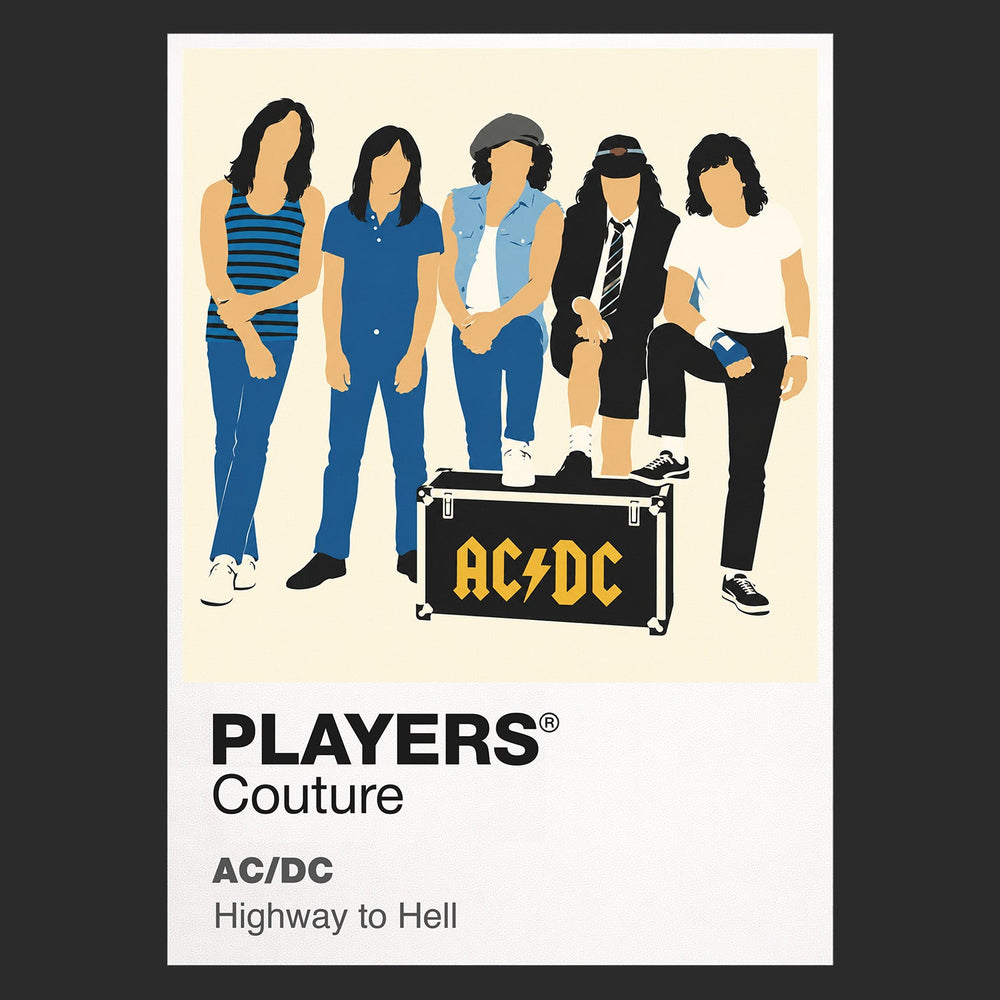 AC/DC Angus Young's school-uniform guitar stance and AC/DC's direct hard-rock energy Icon Frame artwork in black