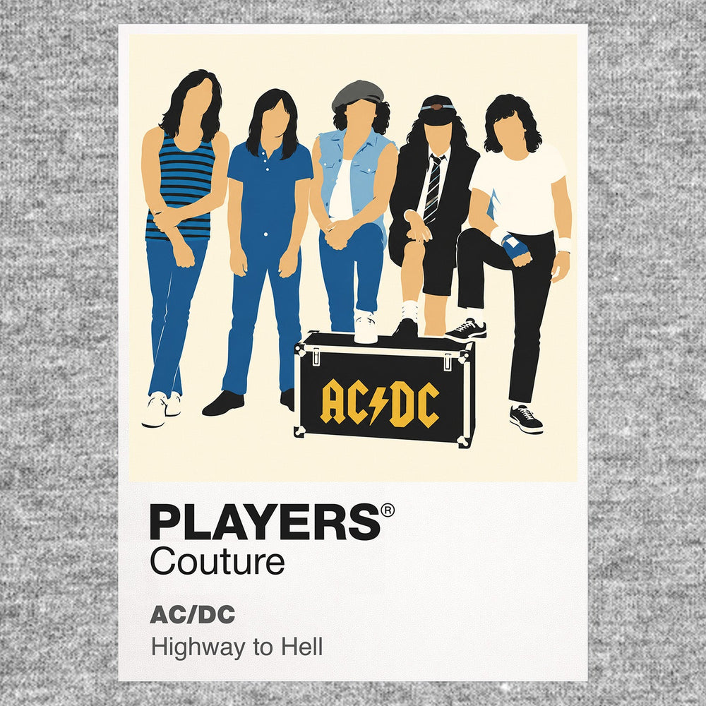 AC/DC Angus Young's school-uniform guitar stance and AC/DC's direct hard-rock energy Icon Frame artwork in grey