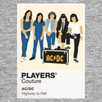 AC/DC Angus Young's school-uniform guitar stance and AC/DC's direct hard-rock energy Icon Frame artwork in grey
