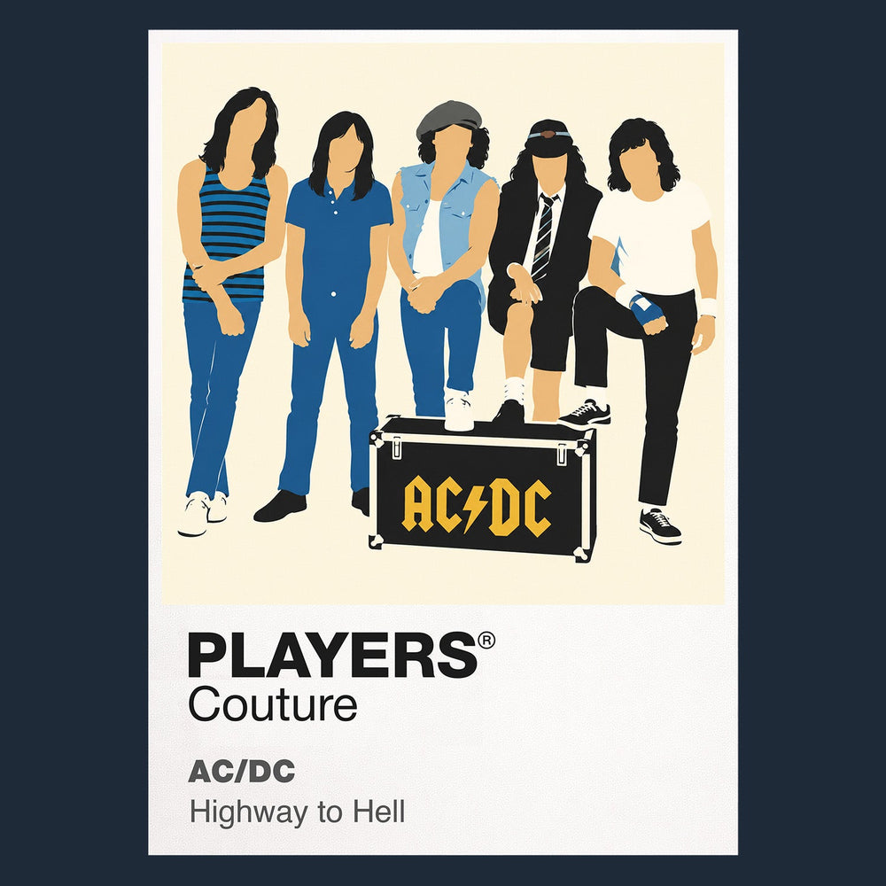 AC/DC Angus Young's school-uniform guitar stance and AC/DC's direct hard-rock energy Icon Frame artwork in navy