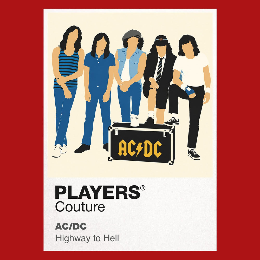 AC/DC Angus Young's school-uniform guitar stance and AC/DC's direct hard-rock energy Icon Frame artwork in red