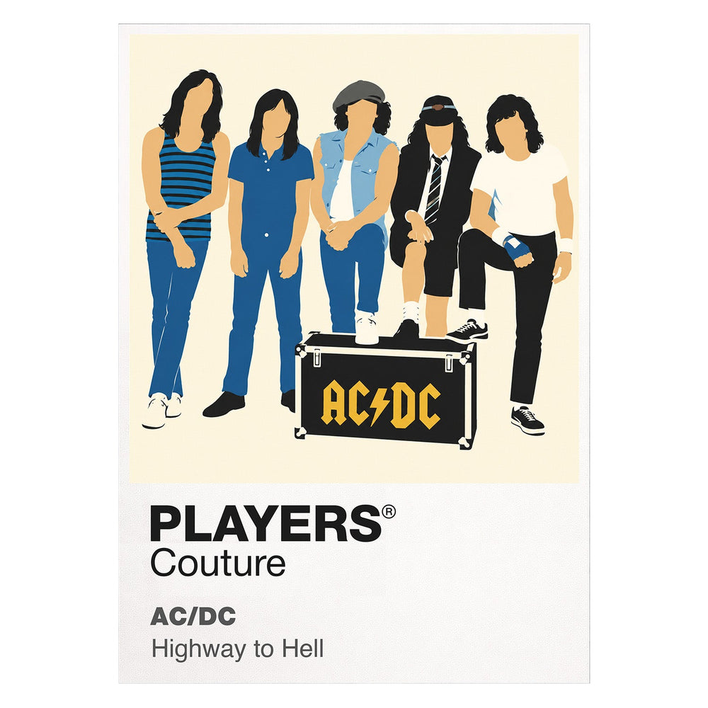 AC/DC Angus Young's school-uniform guitar stance and AC/DC's direct hard-rock energy Icon Frame artwork on white