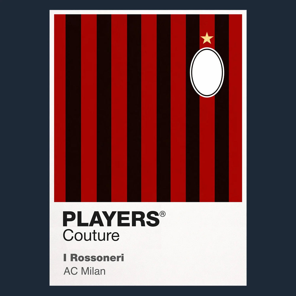AC Milan Classic Football Shirt Team Colours Frame Men's T-Shirt – navy close-up detail shot of the AC Milan Players Couture