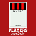 AC Milan Monopoly Card t-shirt – red men's t-shirt with white AC Milan Monopoly Card letters and Players Couture logo on the