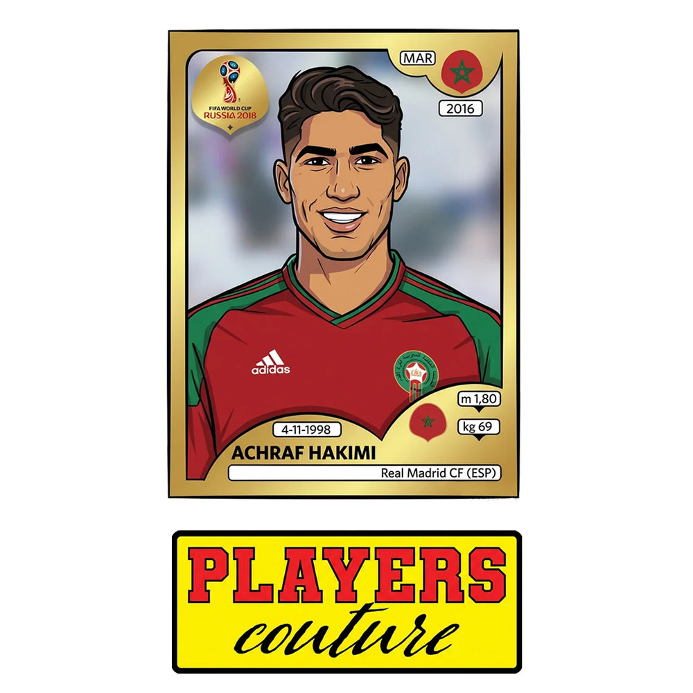 Achraf Hakimi World Cup Sticker Men's T-Shirt – close-up detail shot of the Achraf Hakimi World Cup Players Couture logo