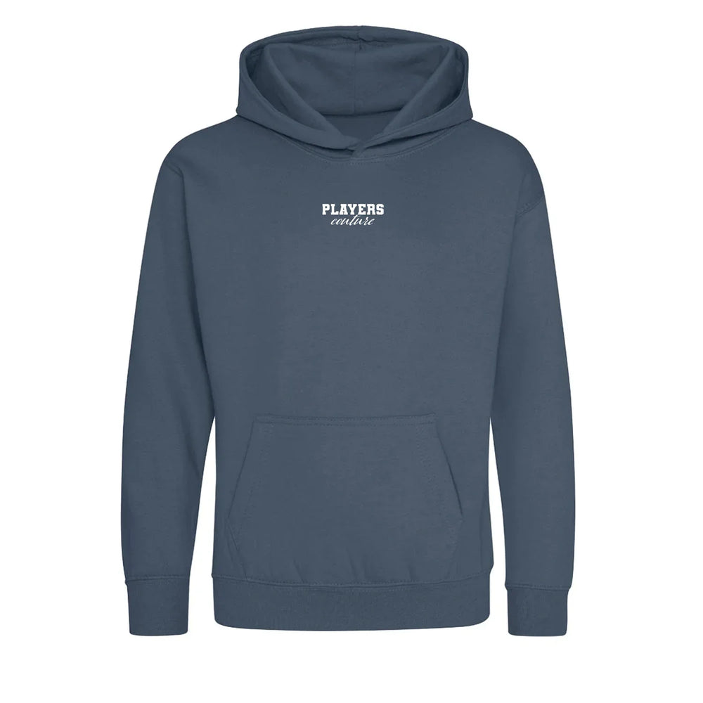 Essentials Collection hoodie – blue kids' hoodie with white Essentials Collection letters and Players Couture logo on the