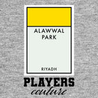 Al-Nassr Monopoly Card t-shirt – grey men's t-shirt with black Al-Nassr Monopoly Card letters and Players Couture logo on
