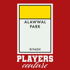 Al-Nassr Monopoly Card t-shirt – red men's t-shirt with white Al-Nassr Monopoly Card letters and Players Couture logo on the