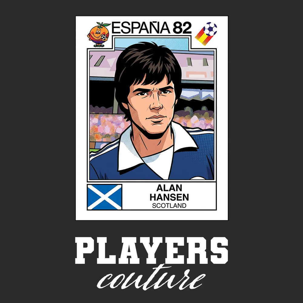 Alan Hansen World Cup Sticker Men's T-Shirt – black close-up detail shot of the Alan Hansen World Cup Players Couture logo