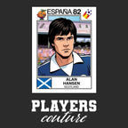 Alan Hansen World Cup Sticker Men's T-Shirt – black close-up detail shot of the Alan Hansen World Cup Players Couture logo
