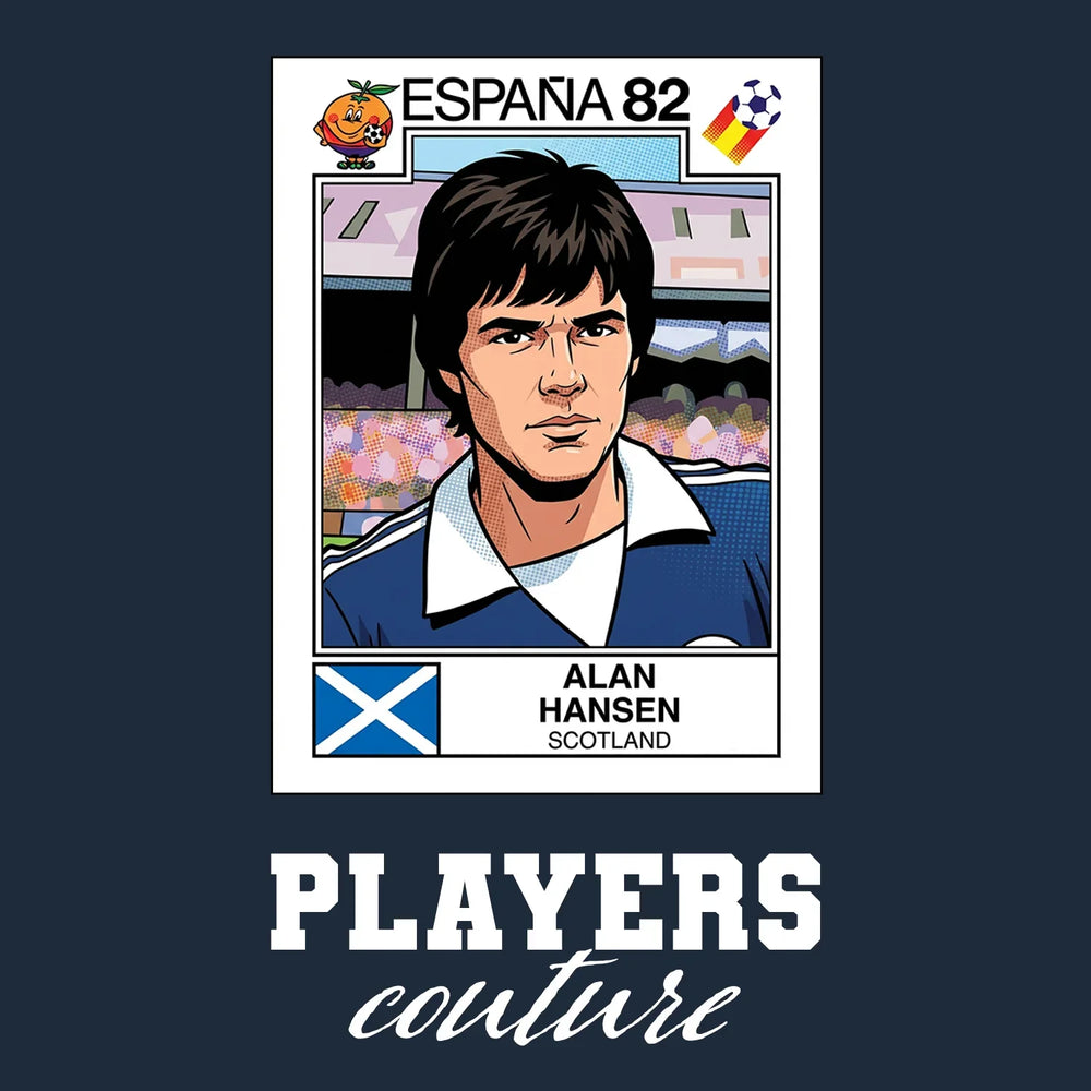 Alan Hansen World Cup Sticker Men's T-Shirt – navy close-up detail shot of the Alan Hansen World Cup Players Couture logo