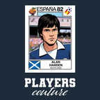 Alan Hansen World Cup Sticker Men's T-Shirt – navy close-up detail shot of the Alan Hansen World Cup Players Couture logo