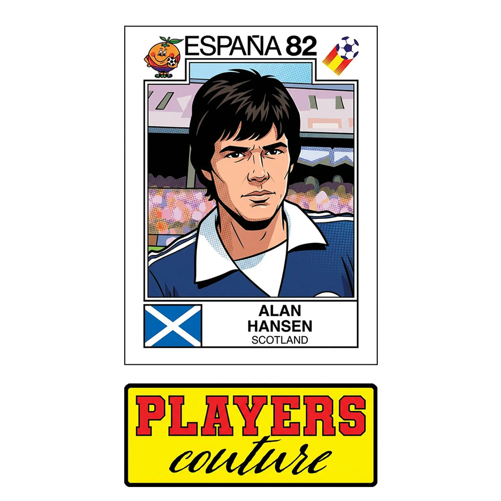 Alan Hansen World Cup Sticker Men's T-Shirt – close-up detail shot of the Alan Hansen World Cup Players Couture logo design
