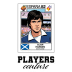 Alan Hansen World Cup Sticker Men's T-Shirt – white close-up detail shot of the Alan Hansen Players Couture logo design