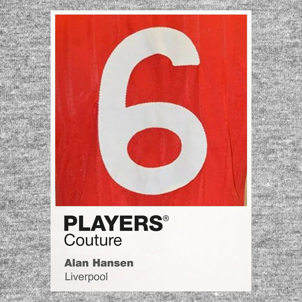 Alan Hansen 6 Football Shirt Frame Men's Hoodie – grey close-up detail shot of the Alan Hansen Players Couture logo design
