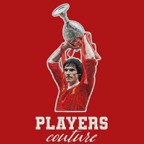 Alan Hansen Badge Men's Hoodie – close-up detail shot of the Alan Hansen Players Couture logo design