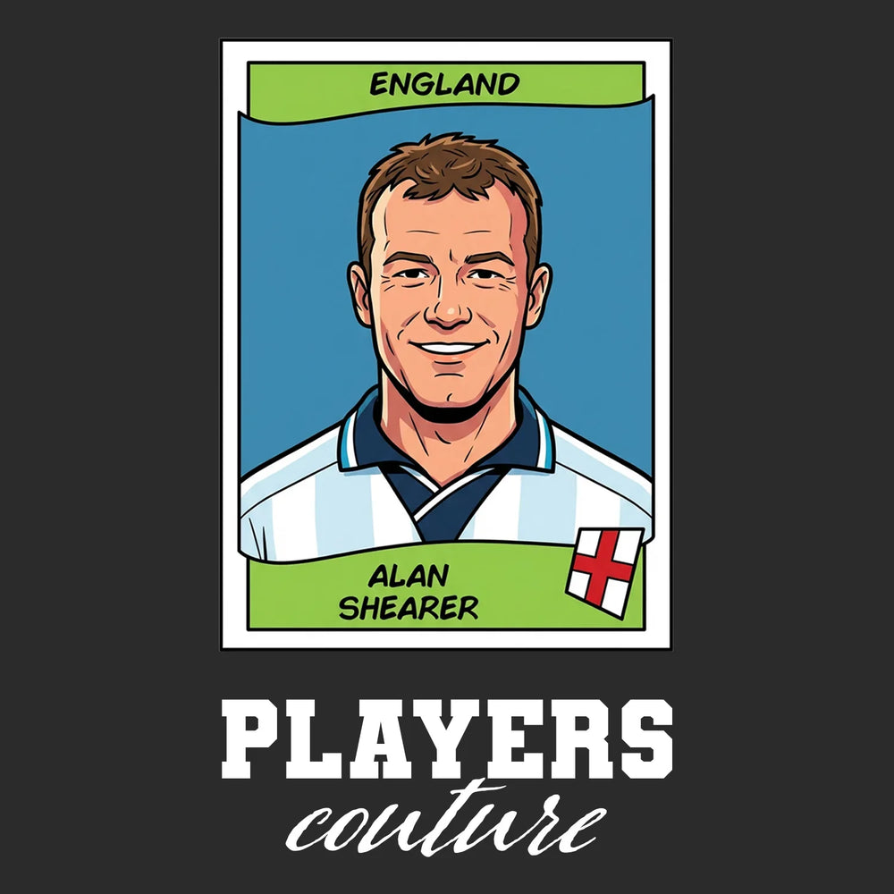 Alan Shearer World Cup Sticker Men's T-Shirt – black close-up detail shot of the Alan Shearer World Cup Players Couture logo