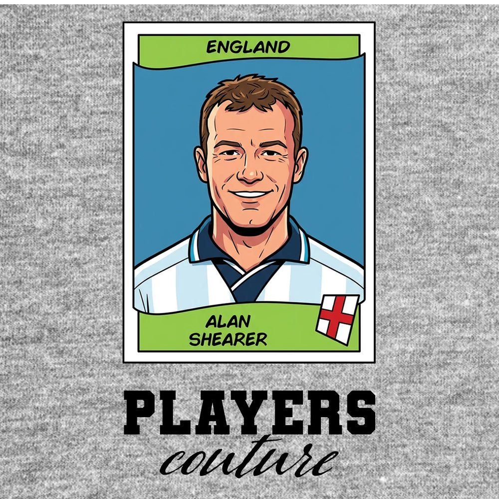 Alan Shearer World Cup Sticker Men's T-Shirt – grey close-up detail shot of the Alan Shearer World Cup Players Couture logo