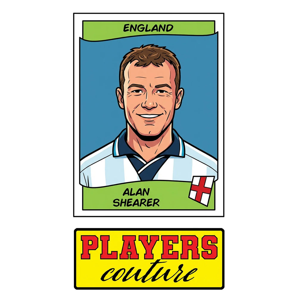 Alan Shearer World Cup Sticker Men's T-Shirt – close-up detail shot of the Alan Shearer World Cup Players Couture logo design
