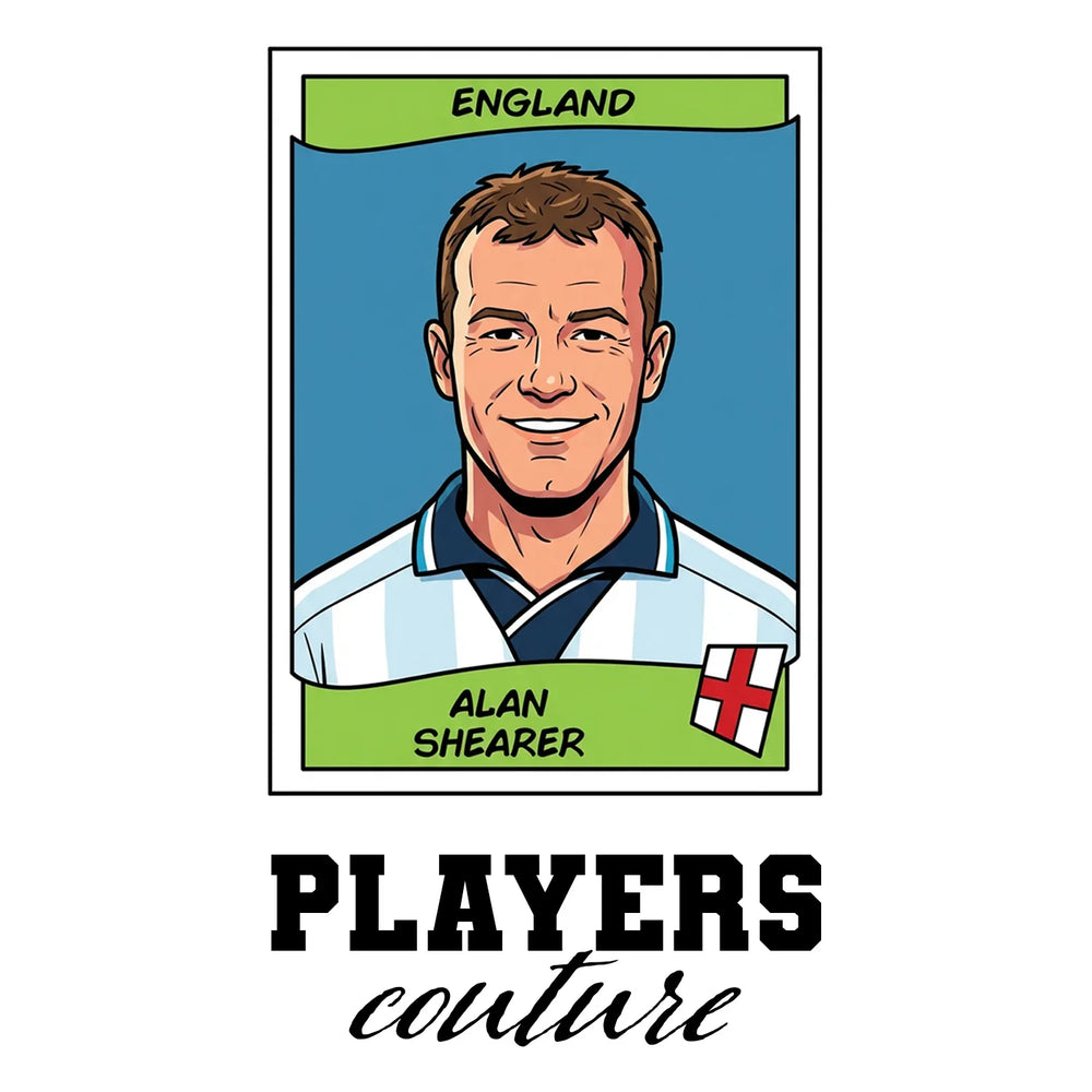 Alan Shearer World Cup Sticker Men's T-Shirt – white close-up detail shot of the Alan Shearer Players Couture logo design