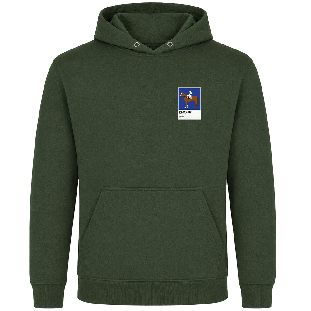Aldaniti horse racing hoodie – mens earthy green hoodie view