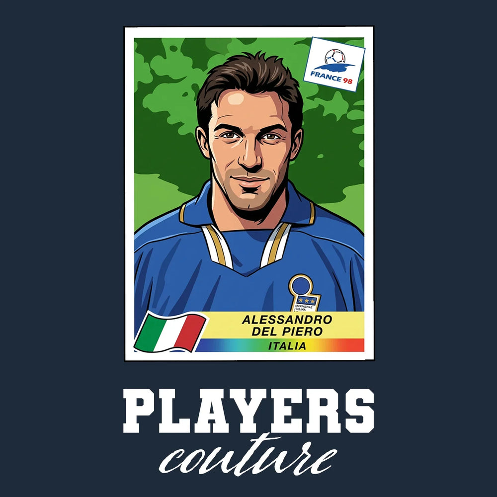Alessandro Del Piero World Cup Sticker Men's T-Shirt – navy close-up detail shot of the Alessandro Del Piero World Cup