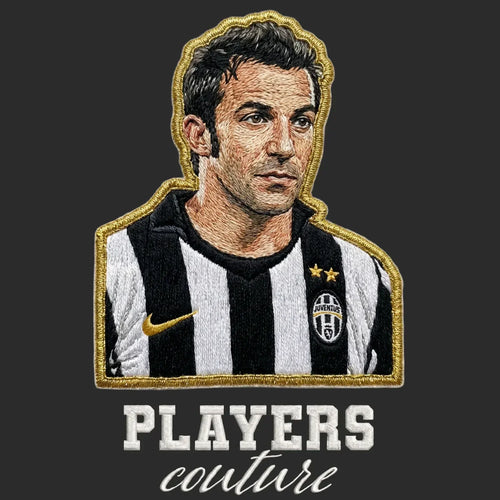 Alessandro Del Piero Badge Men's Hoodie – black close-up detail shot of the Alessandro Del Piero Players Couture logo design