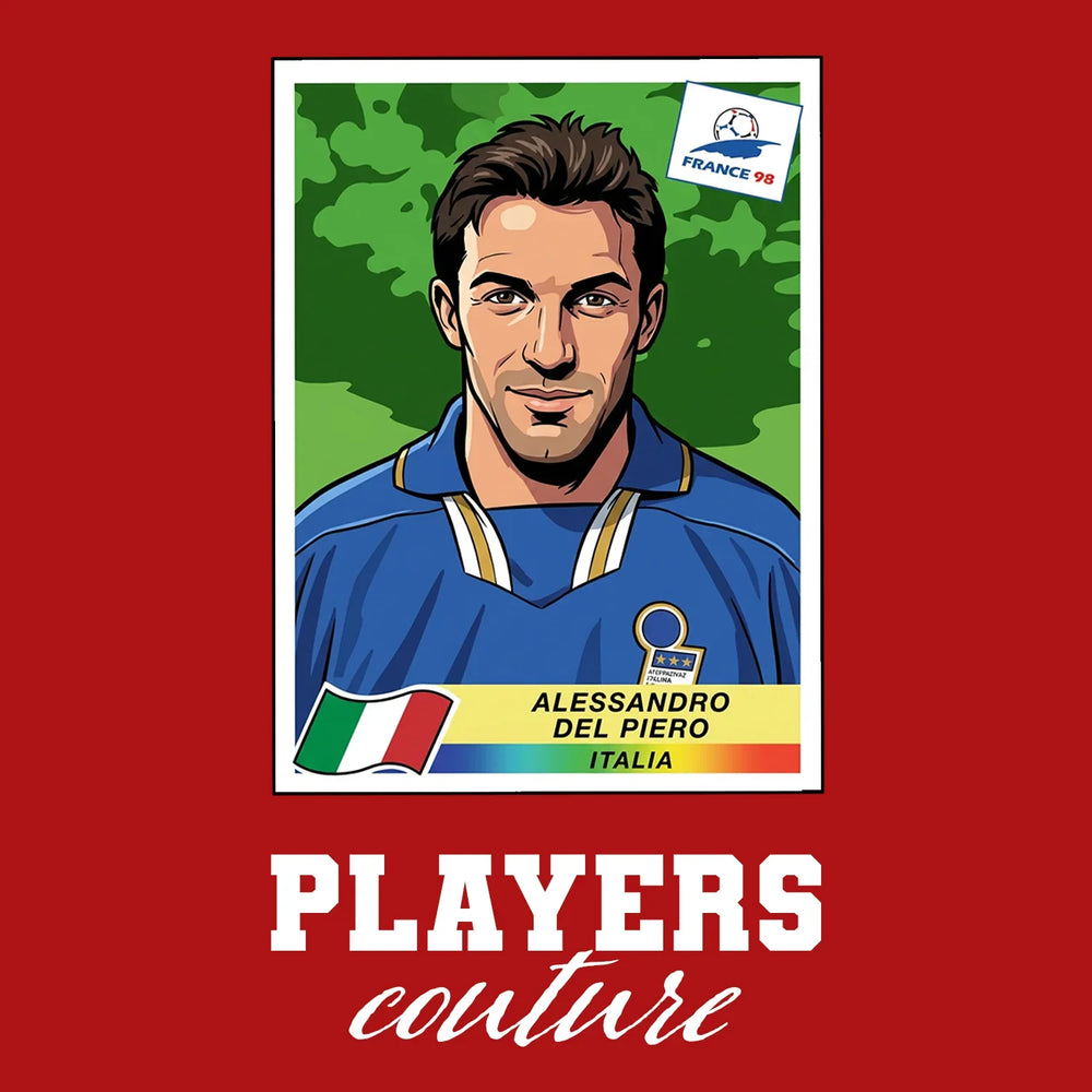 Alessandro Del Piero World Cup Sticker Men's T-Shirt – red close-up detail shot of the Alessandro Del Piero World Cup