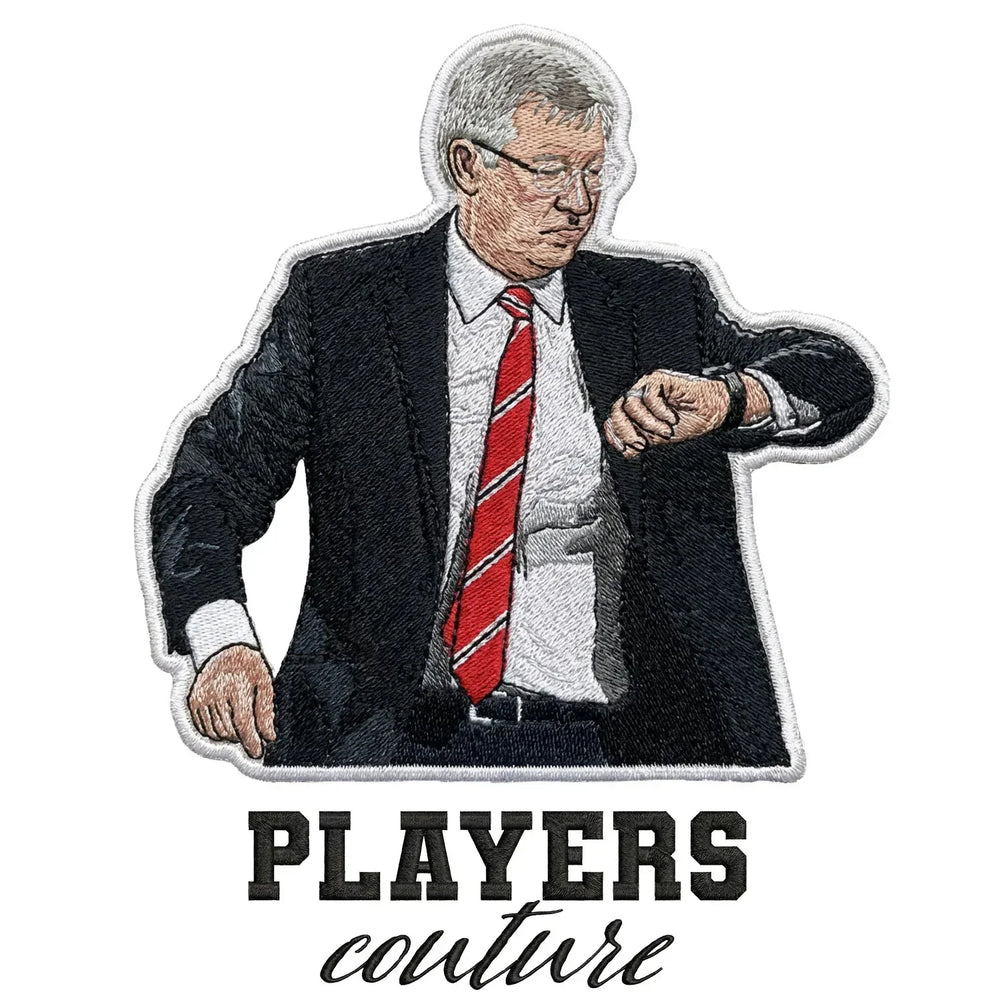 Alex Ferguson Badge Men's T-Shirt – white close-up detail shot of the Alex Ferguson Players Couture logo design