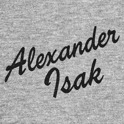 Alexander Isak Script Logo Men's T-Shirt – grey close-up detail shot of the Alexander Isak Script Players Couture logo design