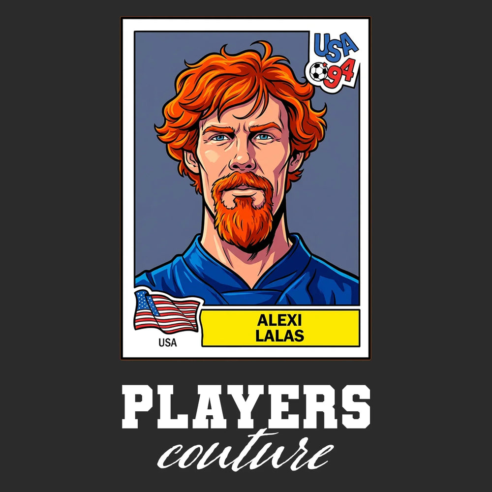 Alexi Lalas World Cup Sticker Men's T-Shirt – black close-up detail shot of the Alexi Lalas World Cup Players Couture logo