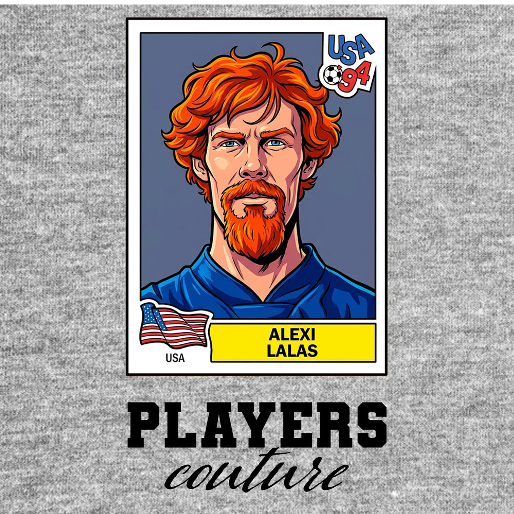 Alexi Lalas World Cup Sticker Men's T-Shirt – grey close-up detail shot of the Alexi Lalas World Cup Players Couture logo