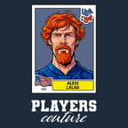 Alexi Lalas World Cup Sticker Men's T-Shirt – navy close-up detail shot of the Alexi Lalas World Cup Players Couture logo