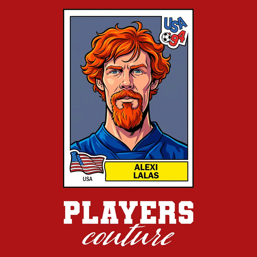 Alexi Lalas World Cup Sticker Men's T-Shirt – red close-up detail shot of the Alexi Lalas World Cup Players Couture logo
