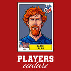 Alexi Lalas World Cup Sticker Men's T-Shirt – red close-up detail shot of the Alexi Lalas World Cup Players Couture logo