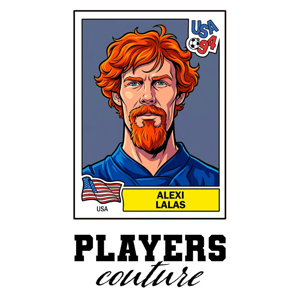 Alexi Lalas World Cup Sticker Men's T-Shirt – white close-up detail shot of the Alexi Lalas Players Couture logo design