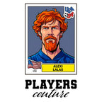 Alexi Lalas World Cup Sticker Men's T-Shirt – white close-up detail shot of the Alexi Lalas Players Couture logo design