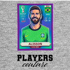 Alisson Becker World Cup Sticker Men's T-Shirt – grey close-up detail shot of the Alisson Becker World Cup Players Couture