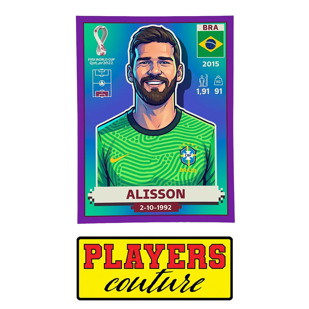 Alisson Becker World Cup Sticker Men's T-Shirt – close-up detail shot of the Alisson Becker World Cup Players Couture logo