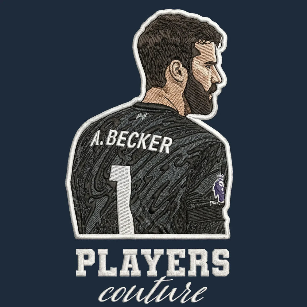Alisson Becker Badge Men's T-Shirt – navy close-up detail shot of the Alisson Becker Players Couture logo design