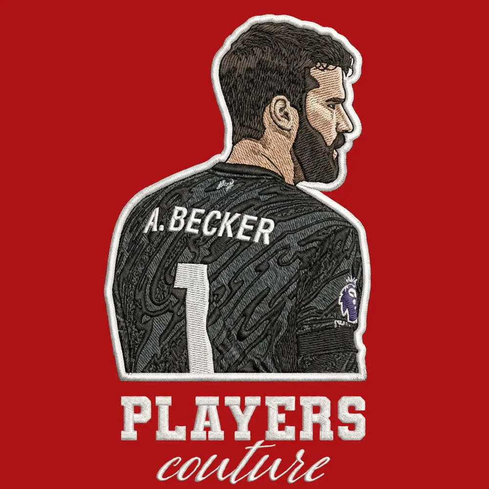 Alisson Becker Badge Men's T-Shirt – red close-up detail shot of the Alisson Becker Players Couture logo design