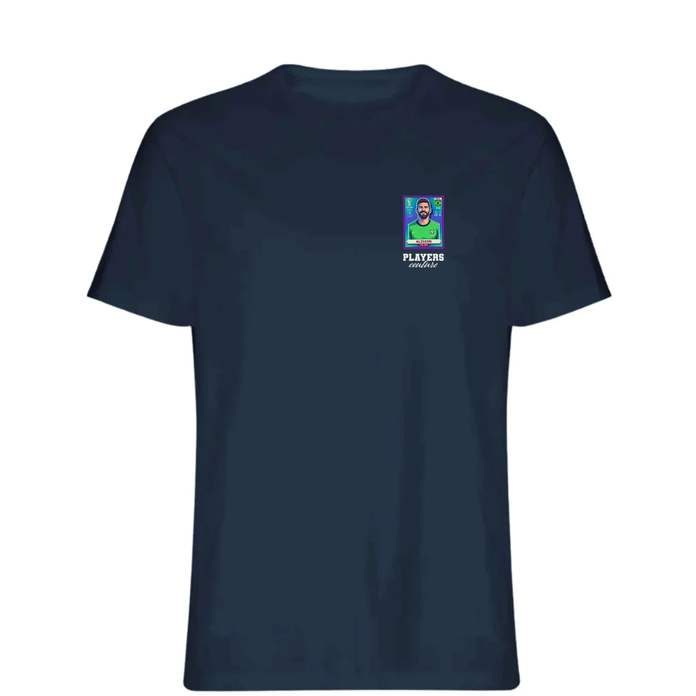 Alisson Becker World Cup t-shirt – navy men's t-shirt featuring the Alisson Becker World Cup Players Couture logo
