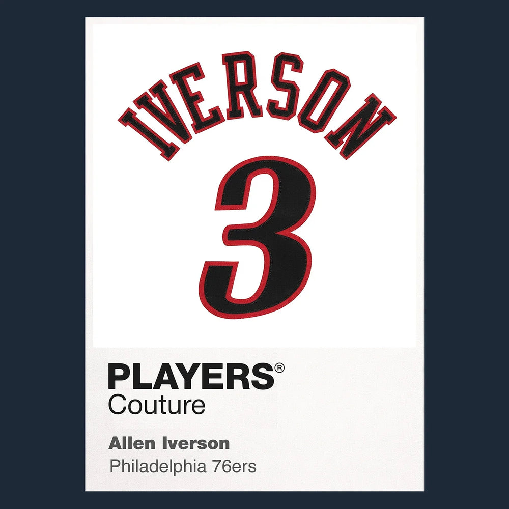 Allen Iverson 3 White Jersey Frame Men's T-Shirt – navy close-up detail shot of the Allen Iverson 3 White Players Couture