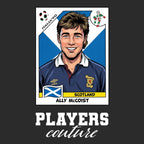 Ally McCoist World Cup Sticker Men's T-Shirt – black close-up detail shot of the Ally McCoist World Cup Players Couture logo